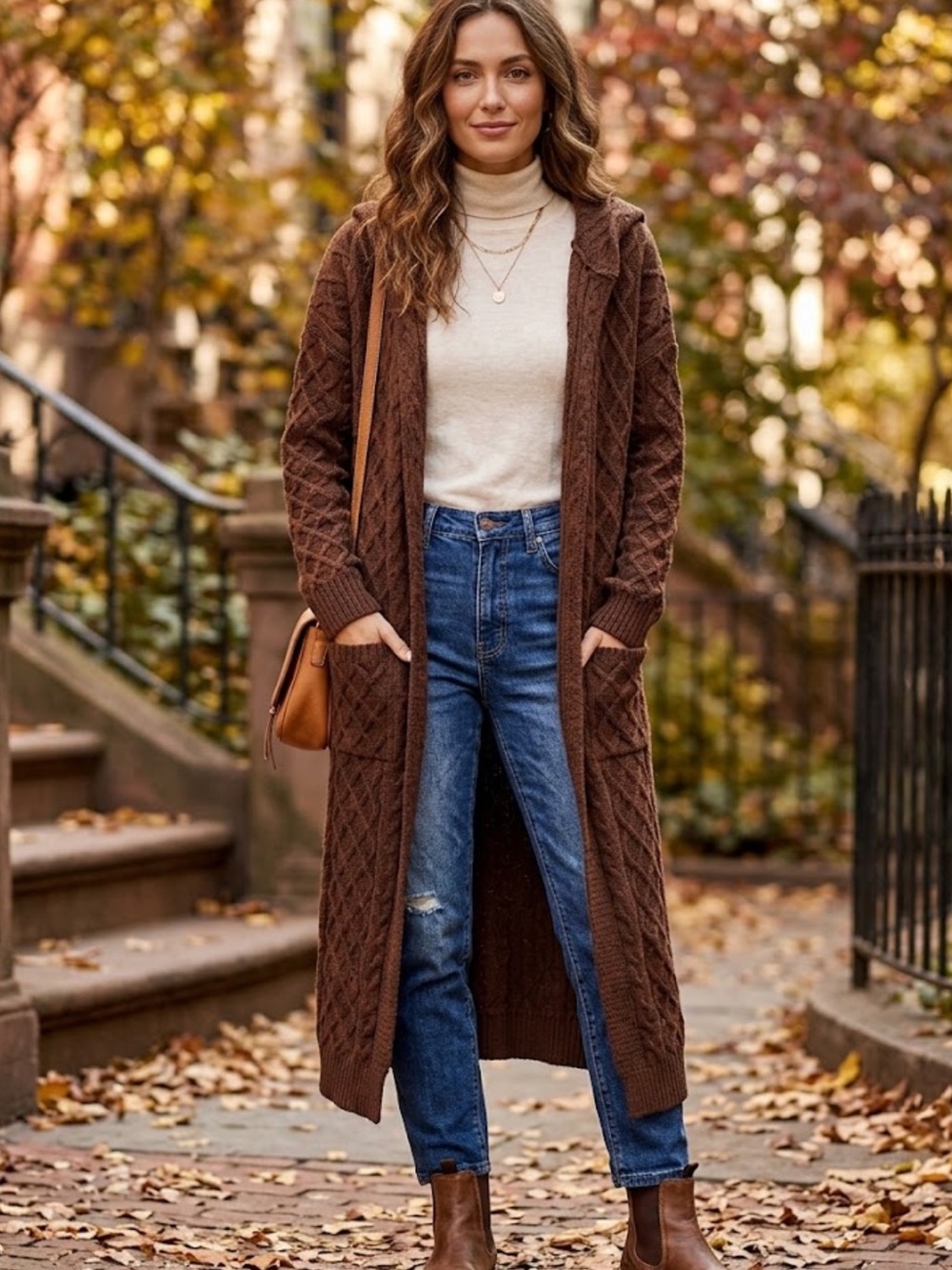 Chunky Open Cable Knit Hooded  Cardigan Sweater Chunky Brown One Size Fits Most.